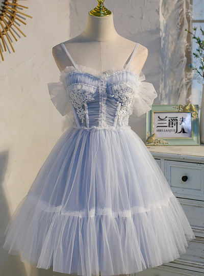Blue Tulle Pearls Pleats Homecoming Dress
