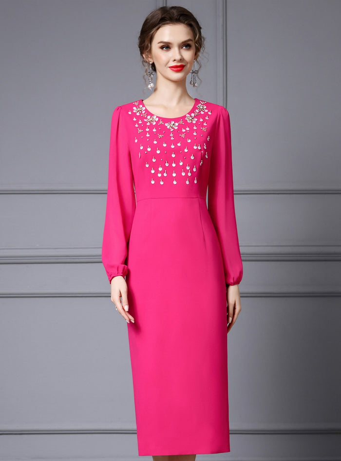 Fuchsia Long Sleeve Beading Mother Of The Bride Dress