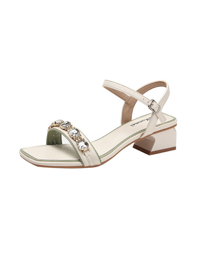 Open Toe Thick Heel Rhinestone Water Buckle Sandals