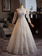 Fashion Ivory White Tulle Lace Long Sleeve Wedding Dress