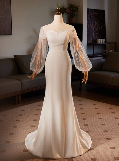 Sexy White Mermaid Long Sleeve Pleats Wedding Dress
