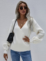 Cross V-neck Solid Color Pullover Loose Sweater