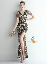 Sequins V-neck Beading Prom Dress