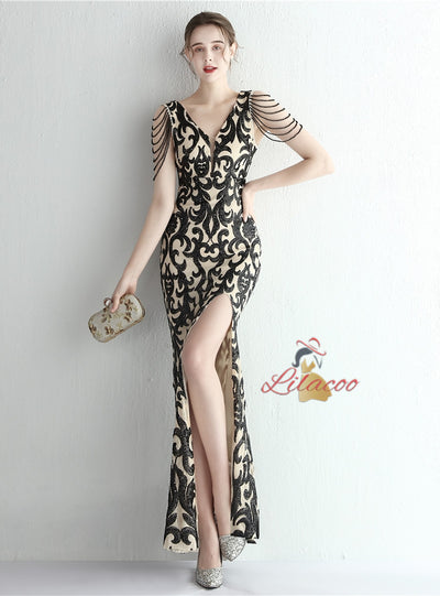 Sequins V-neck Beading Prom Dress