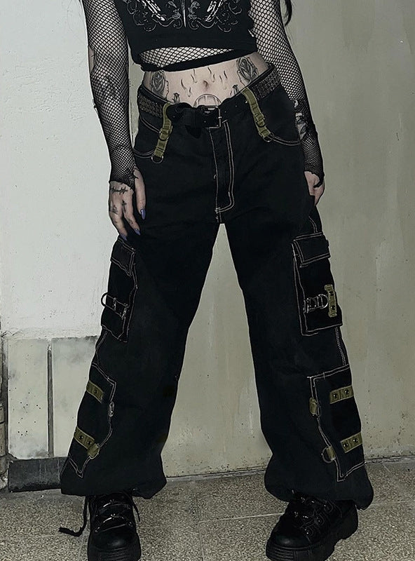 Heavy Metal Ribbon Spliced Pocket Jeans