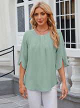 Solid Color Round Neck Short Sleeve Chiffon Shirt