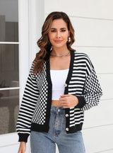 Plaid Stitching Striped Sweater Coat