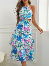 Sleeveless Halter Cake Printed Bow Dress