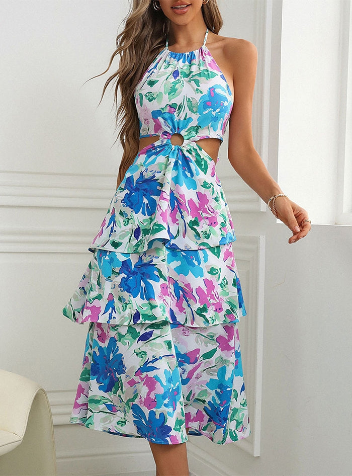 Sleeveless Halter Cake Printed Bow Dress