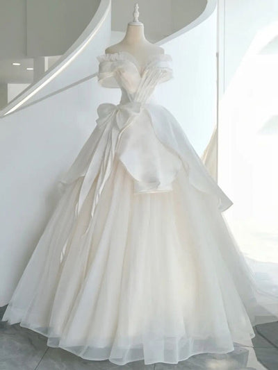 White Tulle Off the Shoulder Beading Pleats Wedding Dress
