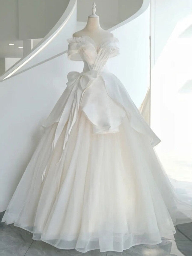 White Tulle Off the Shoulder Beading Pleats Wedding Dress