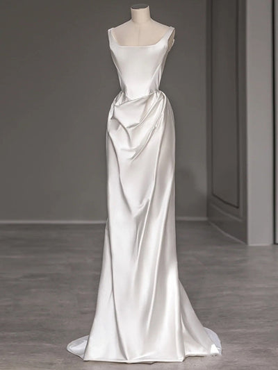 White Satin Straps Wedding Dress