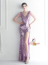 V-neck Sequins Beading Prom Dress