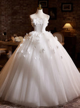 White Strapless Tulle 3D Flower Wedding Dress