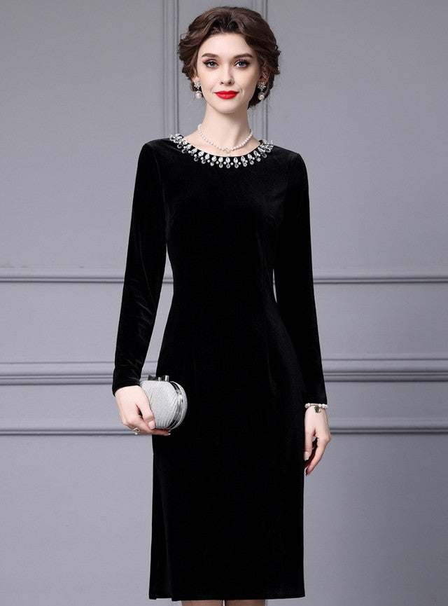 Black Long Sleeve Velvet Mother Of The Bride Dress