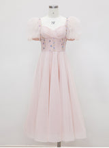Pink Square Neck Gauze Bead Dress