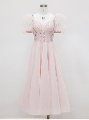 Pink Square Neck Gauze Bead Dress