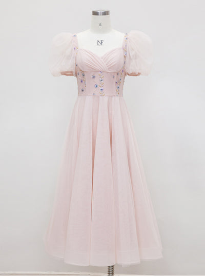Pink Square Neck Gauze Bead Dress