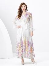 V-neck Wood Ear Ribbon Pleated Printed Dress