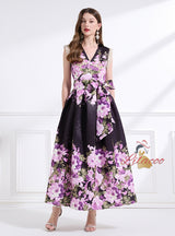 Retro Printed Sleeveless Lace Dress