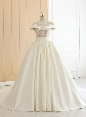 Beige White Satin Appliques Beading Wedding Dress