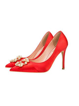 Thin High-heeled Pointed Satin Pearl Buckle Shoes