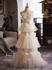 Champagne Tulle 3D Flower Wedding Dress