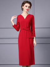 Red Long Sleeve V-neck Mother Of The Bride Dress