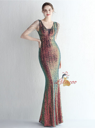 Mermaid Sequins V-neck Beading Prom Dress