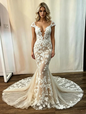 Mermaid Tulle Lace Appliques Wedding Dress