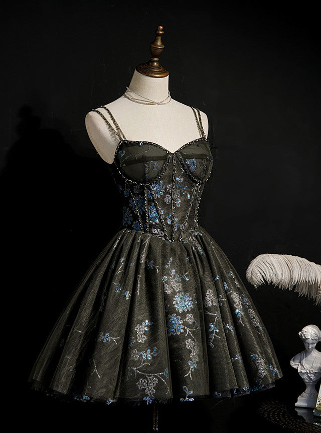 Black Tulle Sequins Beading Homecoming Dress