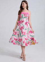 Jacquard Pearl Suspender Bow Stitching Dress