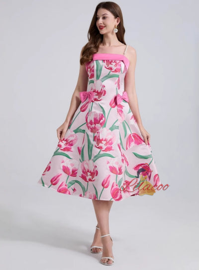 Jacquard Pearl Suspender Bow Stitching Dress