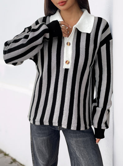 Vertical Striped Lapel Knitted Pullover Sweater