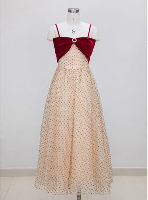 Apricot Polka-dot Contrast Bow Sling Slim Dress