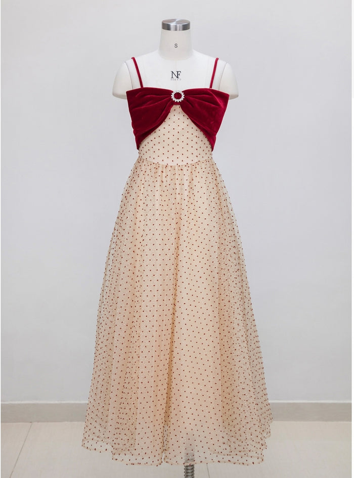 Apricot Polka-dot Contrast Bow Sling Slim Dress
