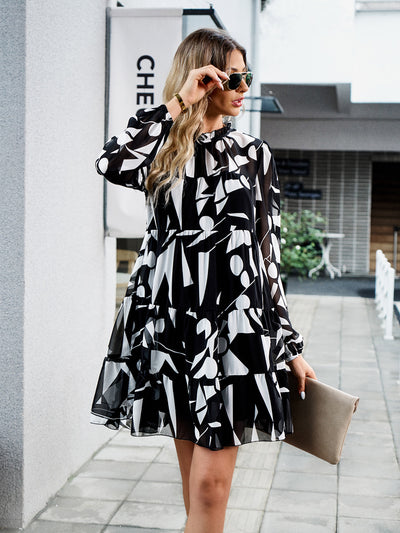 Printed Long-sleeved Short Dress