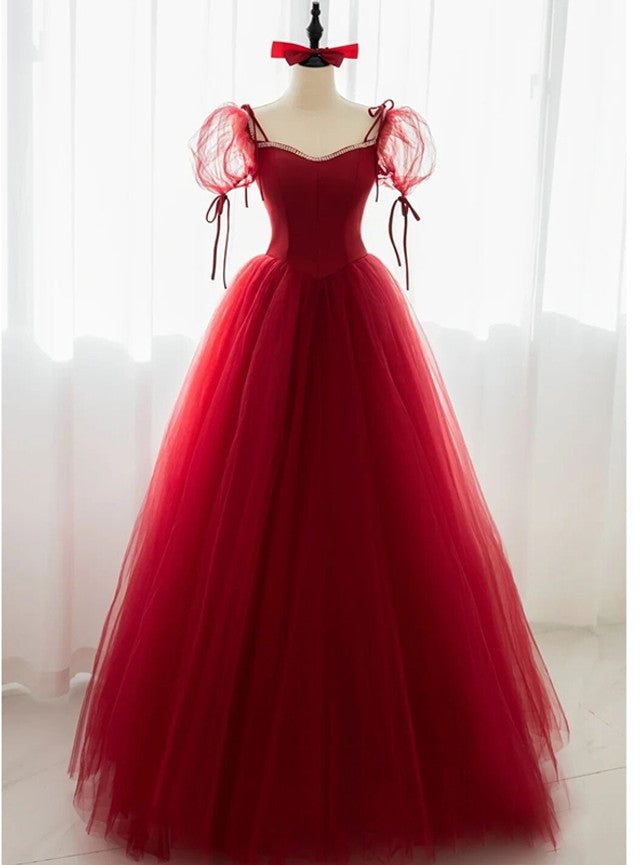 Burgundy Tulle Puff Sleeve Beading Prom Dress