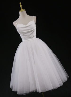 White Tulle Spaghetti Straps Short Wedding Dress