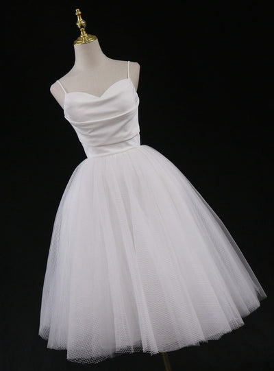 White Tulle Spaghetti Straps Short Wedding Dress