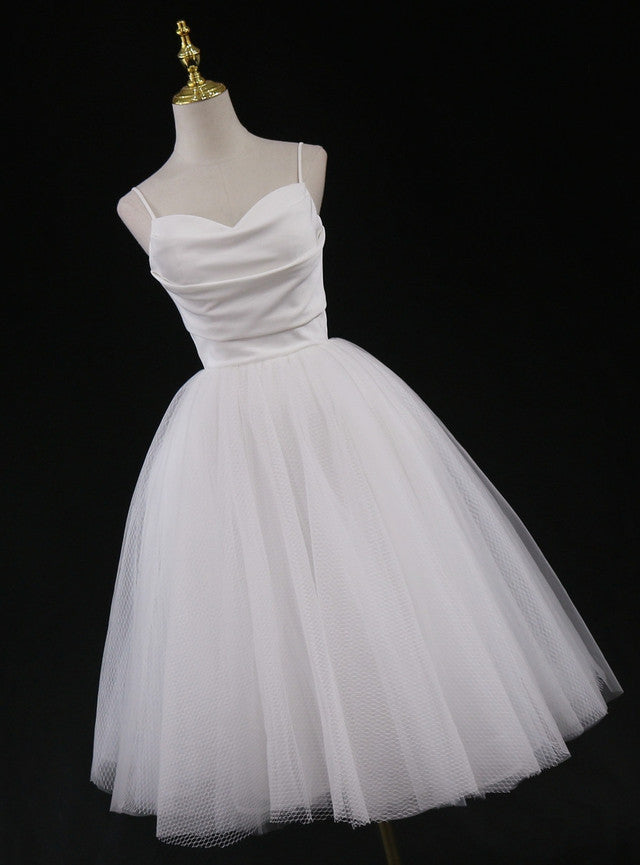 White Tulle Spaghetti Straps Short Wedding Dress