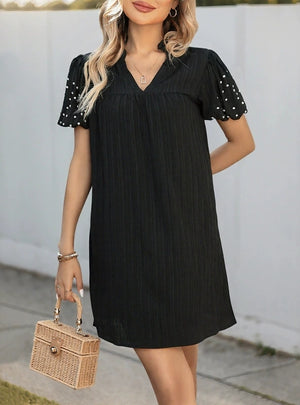 Loose Straight Beaded Lantern Sleeve Dress