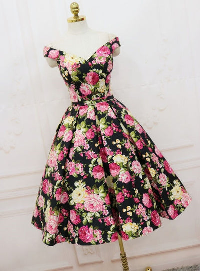 Black Satin Print Off the Shoulder Homecoming Dress