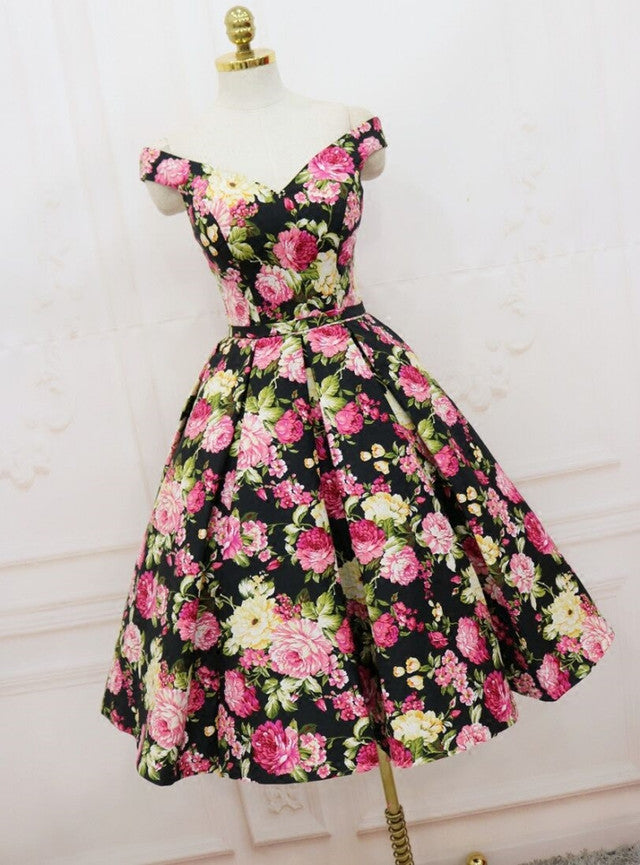 Black Satin Print Off the Shoulder Homecoming Dress