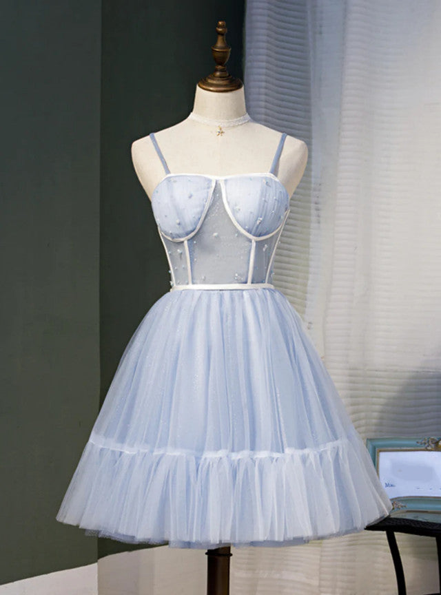 Blue Tulle Spaghetti Pleats Homecoming Dress
