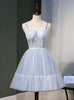 Blue Tulle Spaghetti Pleats Homecoming Dress