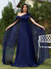 Dark Blue Chiffon One Shoulder Flower Prom Dress