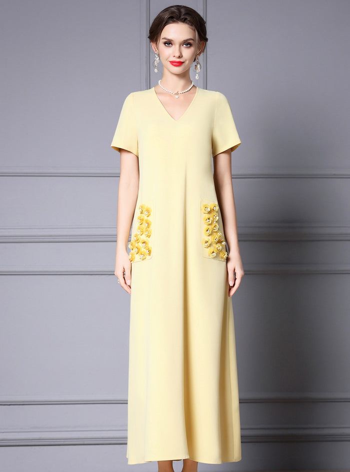 Yellow V-neck Pocket Mother of the Bride Dress