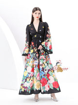 Retro V-neck Breasted Printed Long Dress