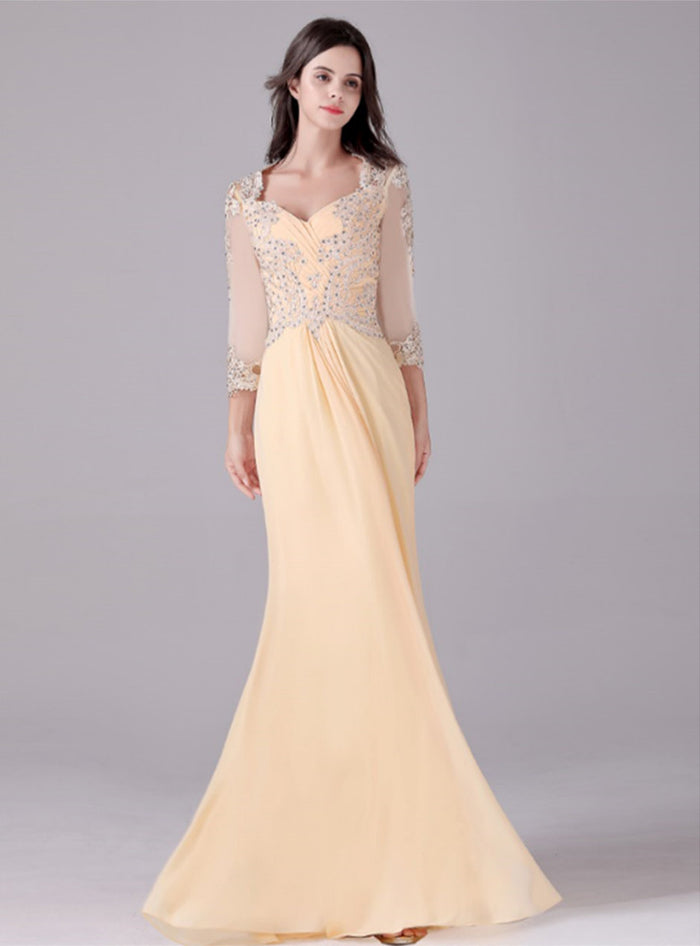 Yellow Chiffon Long Sleeve Mother Of The Bride Dress